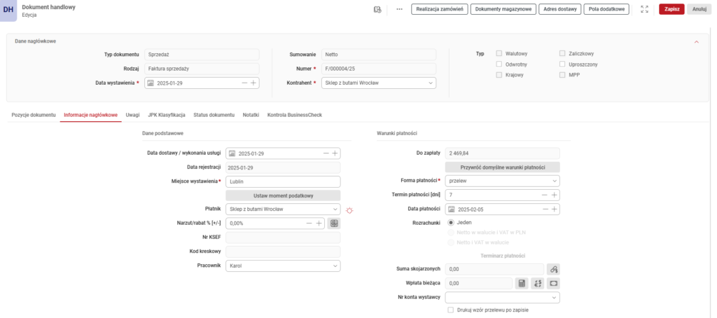 dokument handlowy w Wapro Anywhere Fakturowanie