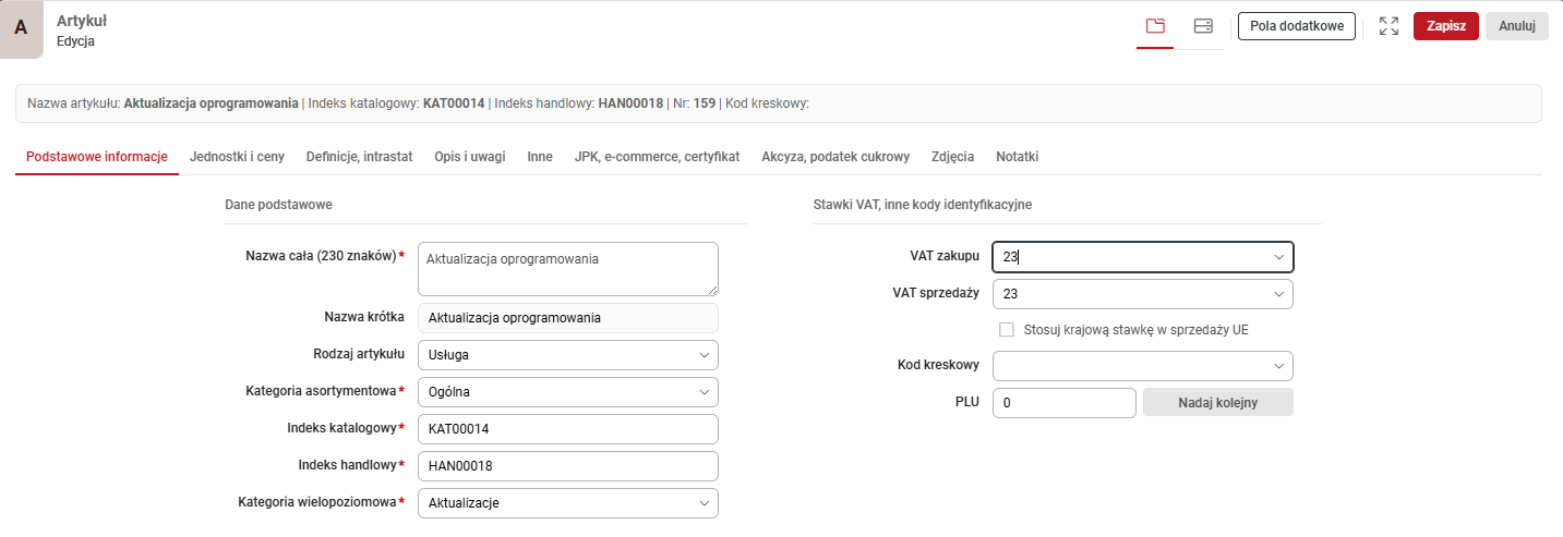 kartoteka artykułu w Wapro Anywhere Fakturowanie