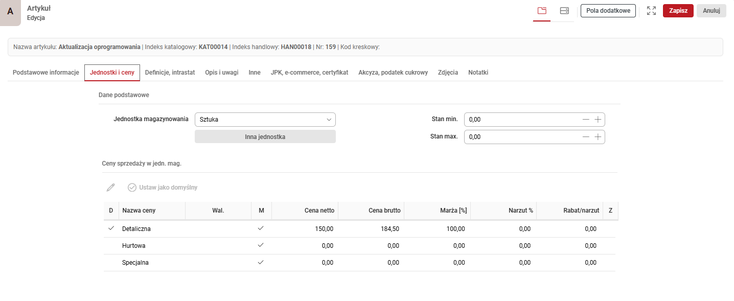 konfiguracja cennika sprzedaży