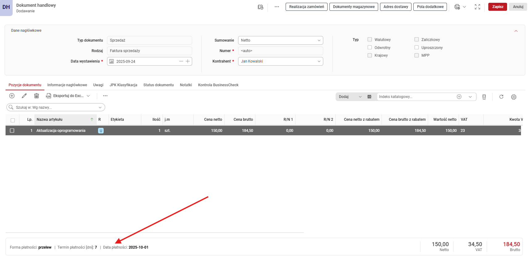 dodawanie dokumentu handlowego