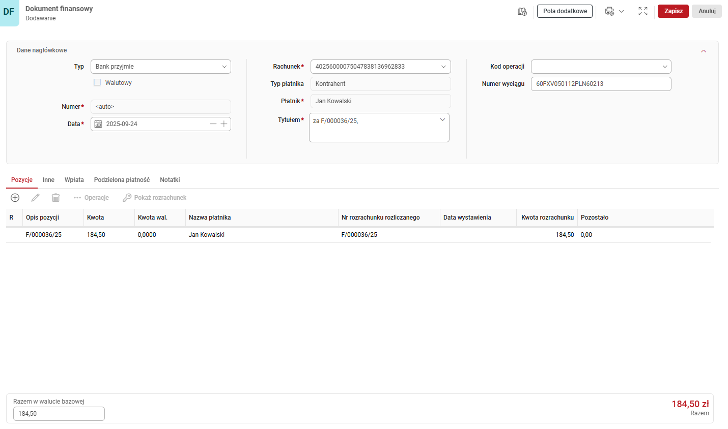 dokument finansowy w Wapro Anywhere Fakturowanie