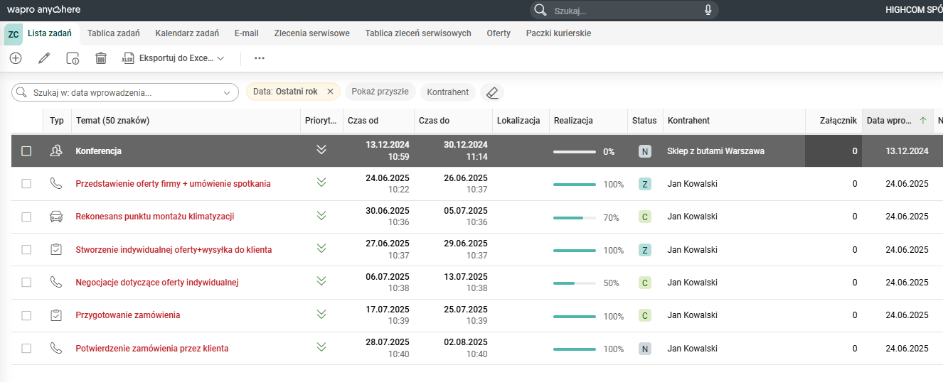 Wapro Anywhere Fakturowanie -tablica crm