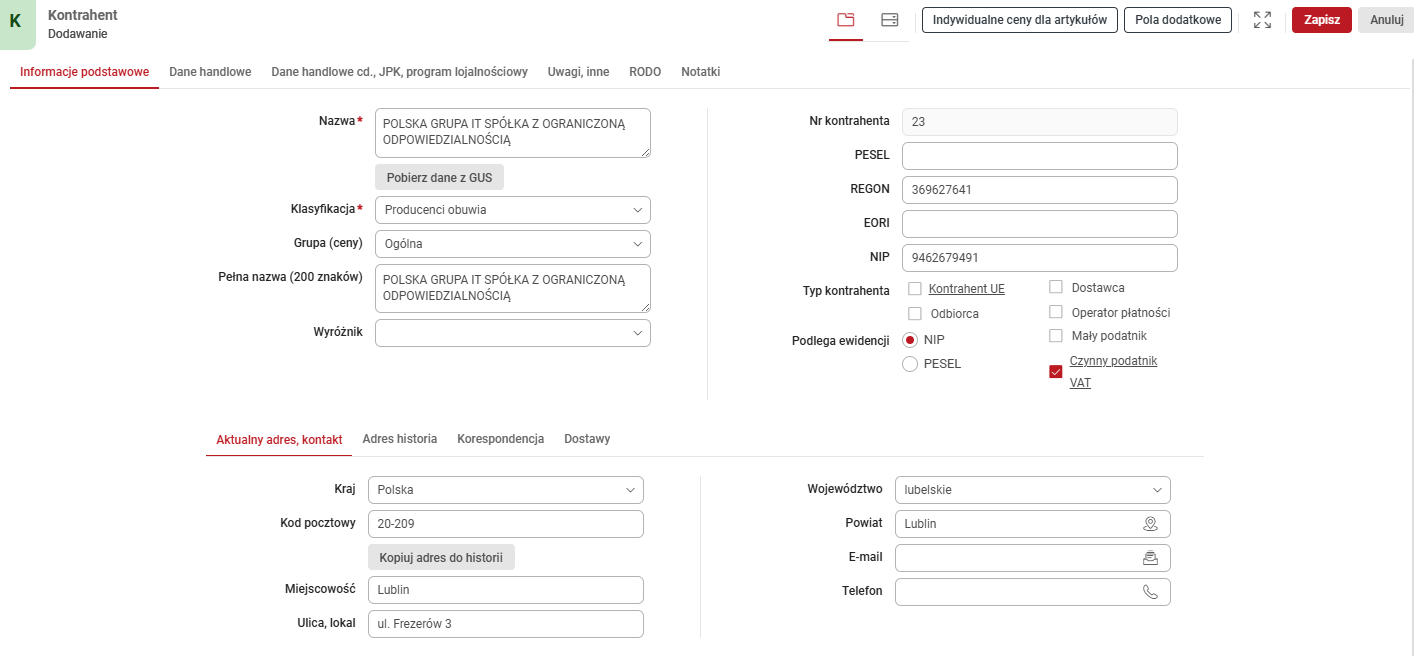 kartoteka kontrahenta w Wapro Anywhere Fakturowanie