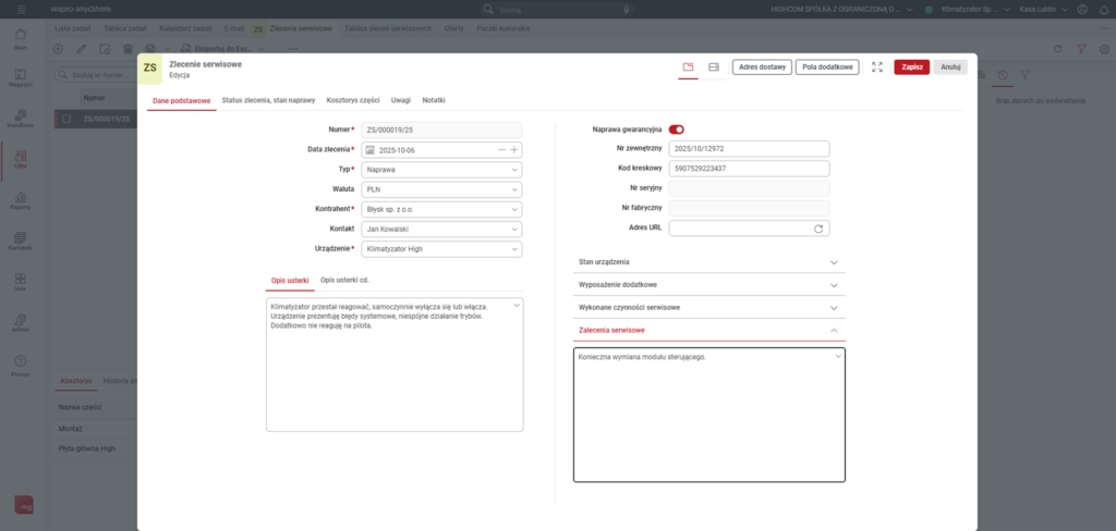 Widok zlecenia serwisowego w Wapro Anywhere Cloud