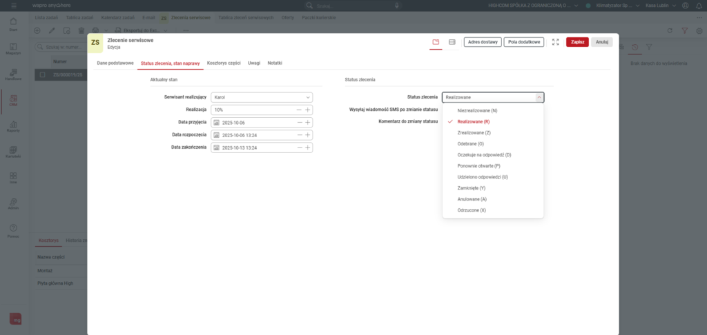 Widok ze statusami zlecenia serwisowego w Wapro Anywhere Cloud