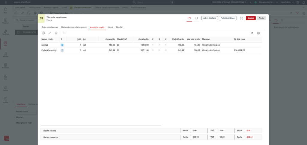 Widok z kosztorysem zlecenia serwisowego w Wapro Anywhere Cloud