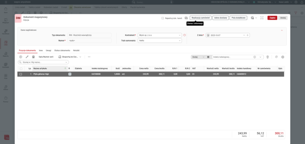 Widok utworzonego dokumentu magazynowego RW dla zlecenia serwisowego w Wapro Anywhere Cloud