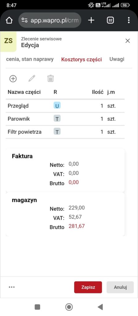 Smartfon z wyświetlonym kosztorysem części zlecenia serwisowego w Wapro Anywhere.