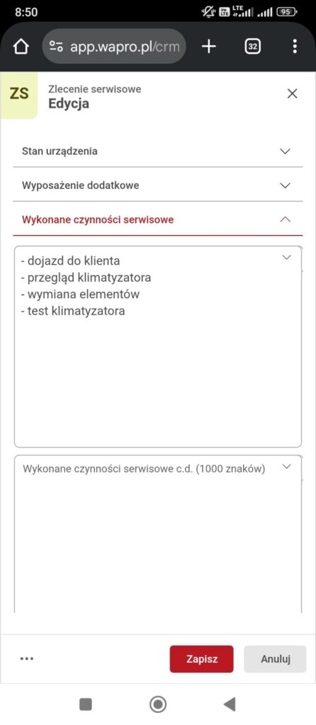 Smartfon z wyświetlonym opisem wykonanych czynności serwisowych w Wapro Anywhere.
