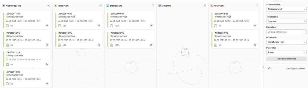 Podgląd wszystkich zleceń serwisowych na tablicy Kanban w Wapro Anywhere Cloud